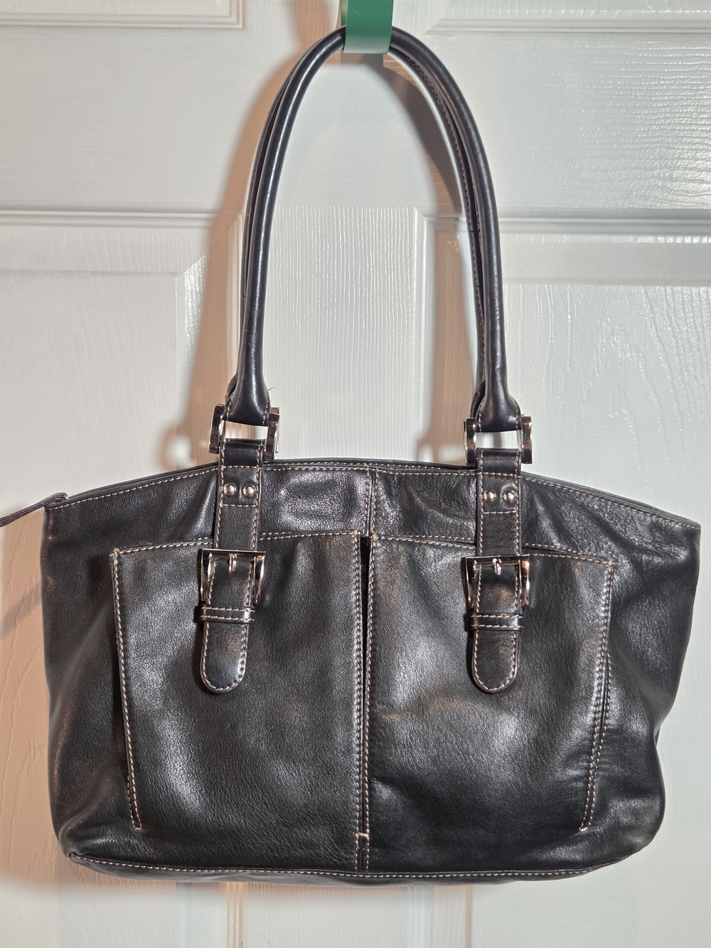 Tignanello Black Leather Shoulder Bag Tote with Front Buckle Pockets